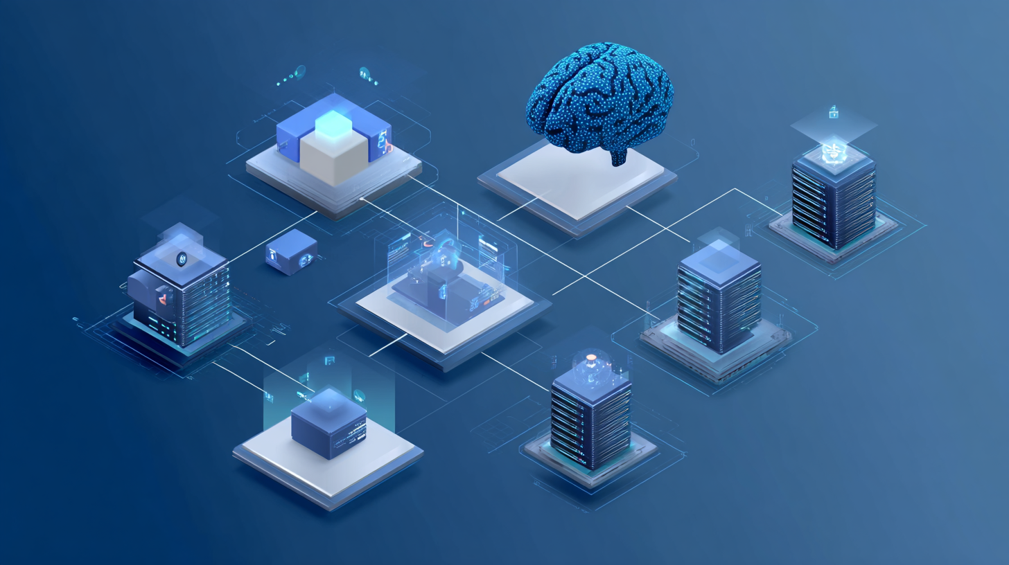 Ilustração conceitual de uma knowledge base de inteligência artificial mostrando a arquitetura de um sistema RAG (Retrieval-Augmented Generation) com documentos sendo convertidos em embeddings vetoriais e conectados a um modelo de linguagem LLM através de fluxos de dados luminosos em tons de azul e ciano