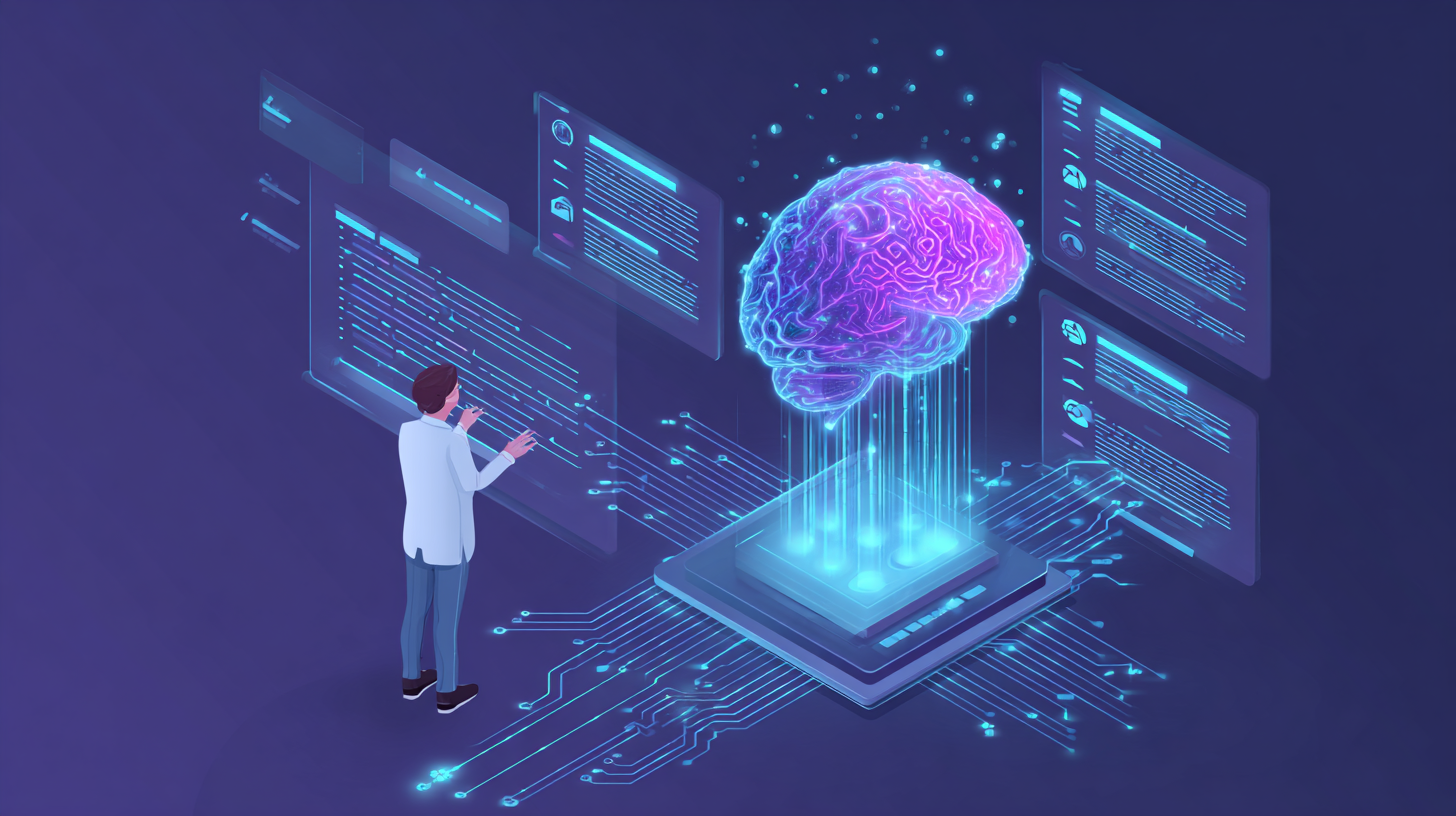Ilustração conceitual mostrando a criação de prompts eficientes para inteligência artificial com interface interativa onde um usuário digita comandos e recebe respostas precisas de um modelo de linguagem LLM