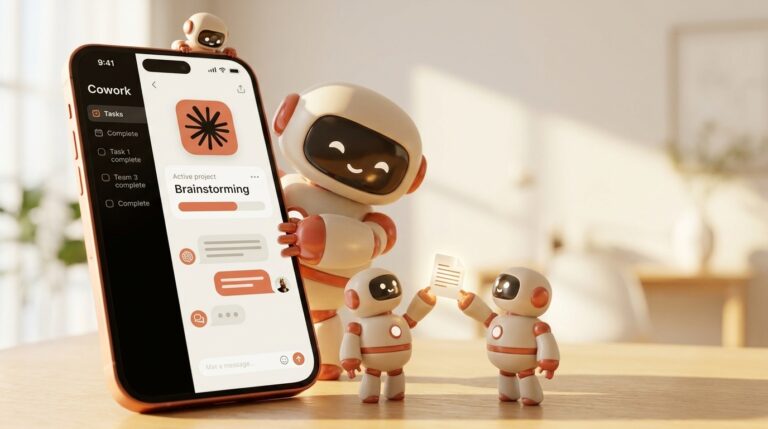 Claude Cowork no celular — app do Claude com robôs colaborando Claude Cowork no celular com robôs colaborando na tela do smartphone, ilustrando o app do Claude para todos os planos...
