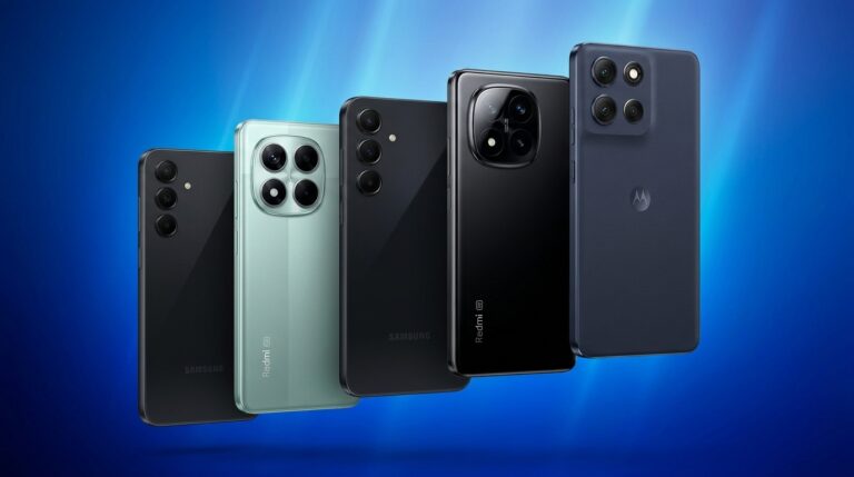 Melhor celular até 2000 reais: 5 modelos comparados Cinco celulares até 2000 reais lado a lado — Samsung Galaxy, Redmi e Motorola Moto G86 — sobre fundo azul