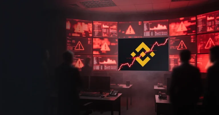 Ataque hacker na Binance Sala de operações com telas em alerta vermelho e o símbolo da Binance no painel central, ilustrando o ataque hacker n...