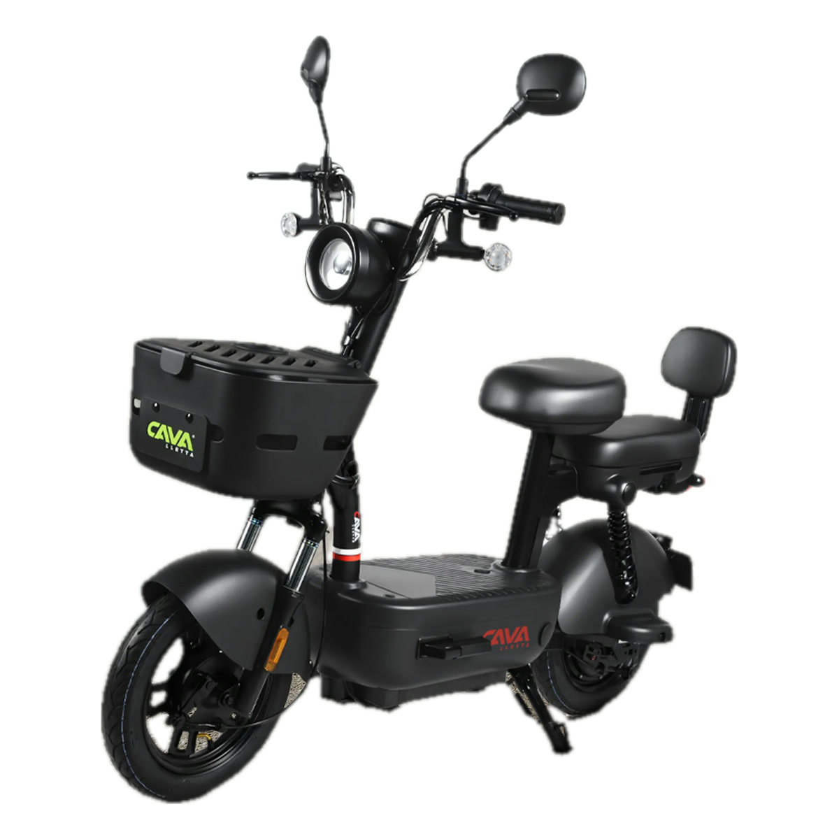 Cavalletta C3 800W preta, modelo estilo scooter com cesto frontal, banco duplo e encosto, em fundo branco