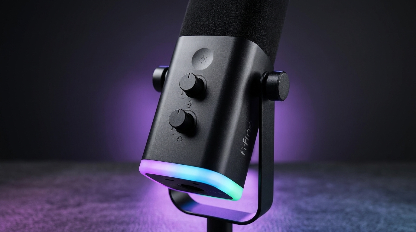 Close dos controles do Fifine AM8: botão de mudo por toque, ganho do microfone, volume do fone e anel RGB na base