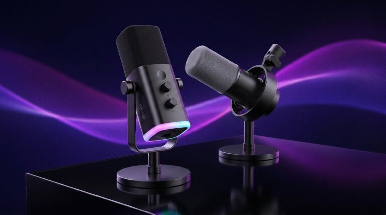 Fifine AM8 e Fifine K688: microfones dinâmicos USB e XLR Microfone Fifine AM8 com anel RGB aceso em primeiro plano e Fifine K688 ao fundo, sobre superfície escura com reflexo