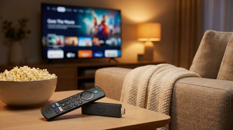 Fire TV Stick: qual comprar (HD, 4K e 4K Max) Fire TV Stick e controle remoto com Alexa na mesa da sala, com pipoca e a TV ao fundo numa noite de filme