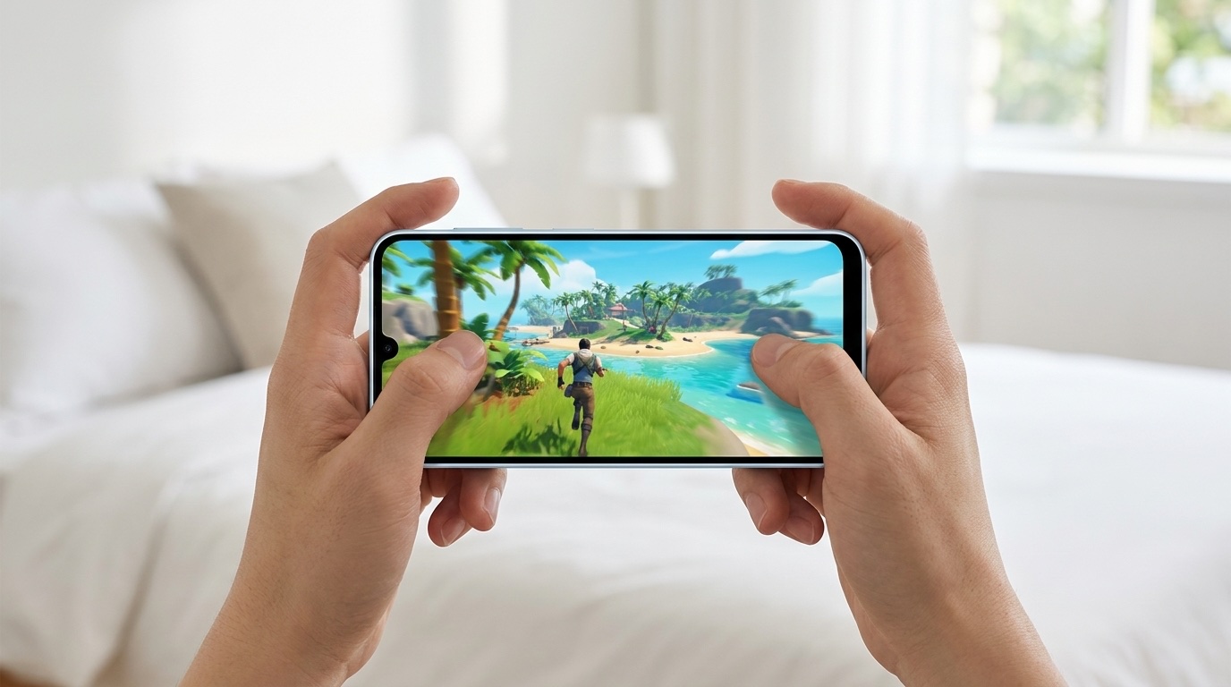 Galaxy A17 azul-claro na horizontal nas duas mãos, rodando um jogo de ação em uma ilha tropical
