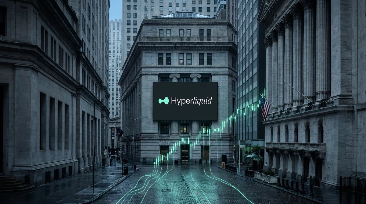 Logo da Hyperliquid num telão em Wall Street, perto da Bolsa de Nova York, com linhas de gráfico em verde-menta subindo pela rua