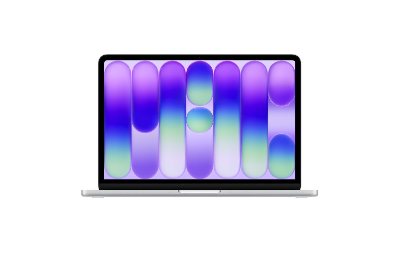 MacBook Neo de 13 polegadas prateado com chip A18 Pro, visto de frente com a tela ligada