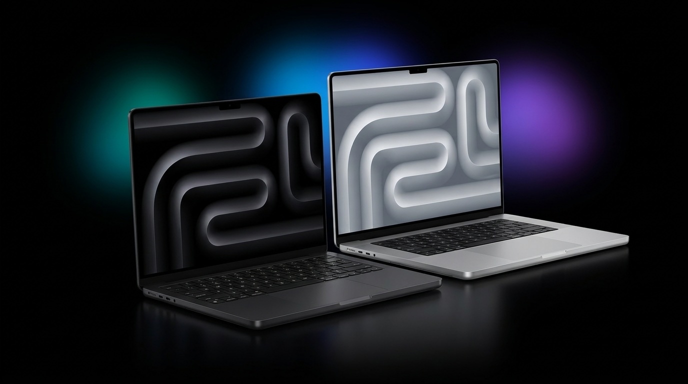 MacBook Pro M5 de 14 polegadas preto-espacial e de 16 polegadas prateado lado a lado, com brilhos turquesa, azul e violeta ao fundo