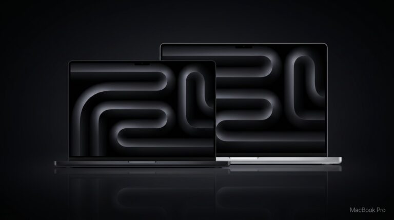 MacBook Pro M5 de 14 e 16 polegadas MacBook Pro M5 de 14 polegadas preto-espacial à frente do de 16 polegadas prateado, abertos sobre fundo preto