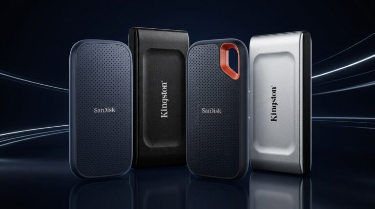 Os quatro melhores SSDs externos do comparativo Melhor SSD externo: SanDisk E30, SanDisk Extreme, Kingston XS1000 e Kingston XS2000 lado a lado, os quatro SSDs portá...