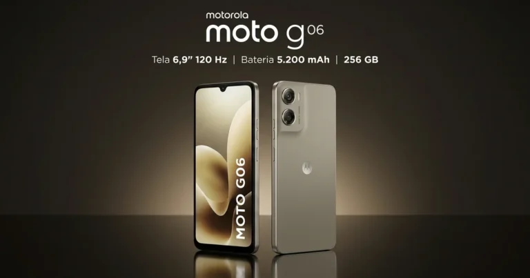 Moto G06 é bom: Motorola Moto G06 bege de frente e de costas, com tela de 6,9 polegadas e câmera dupla, em fundo escuro