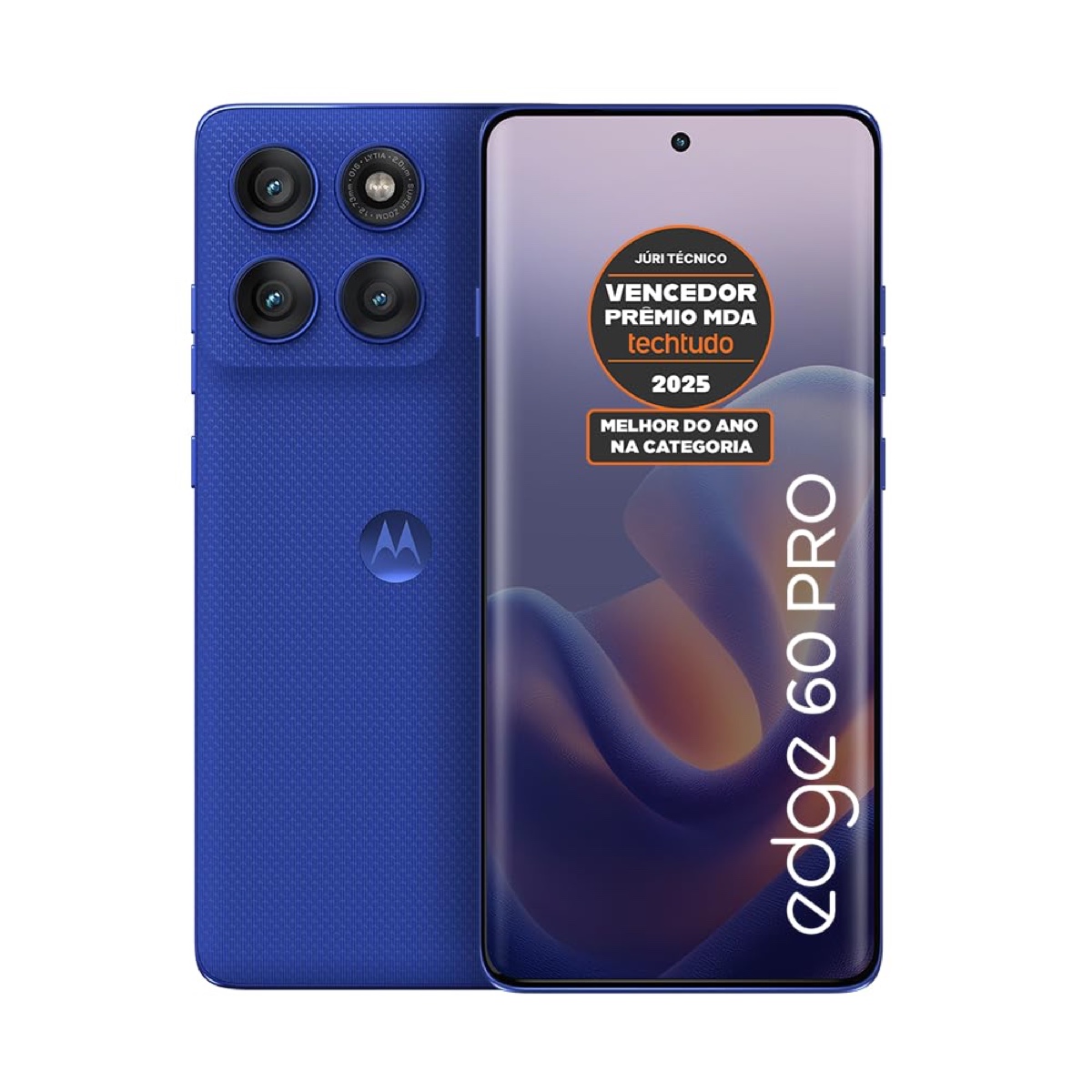 Smartphone Motorola Edge 60 Pro 5G azul visto de frente e de costas