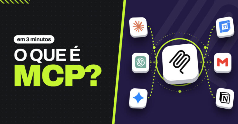 O que é MCP: a IA conectada aos seus aplicativos O que é MCP: logo do Model Context Protocol ligando Claude, ChatGPT e Gemini à agenda, ao Gmail e ao Notion