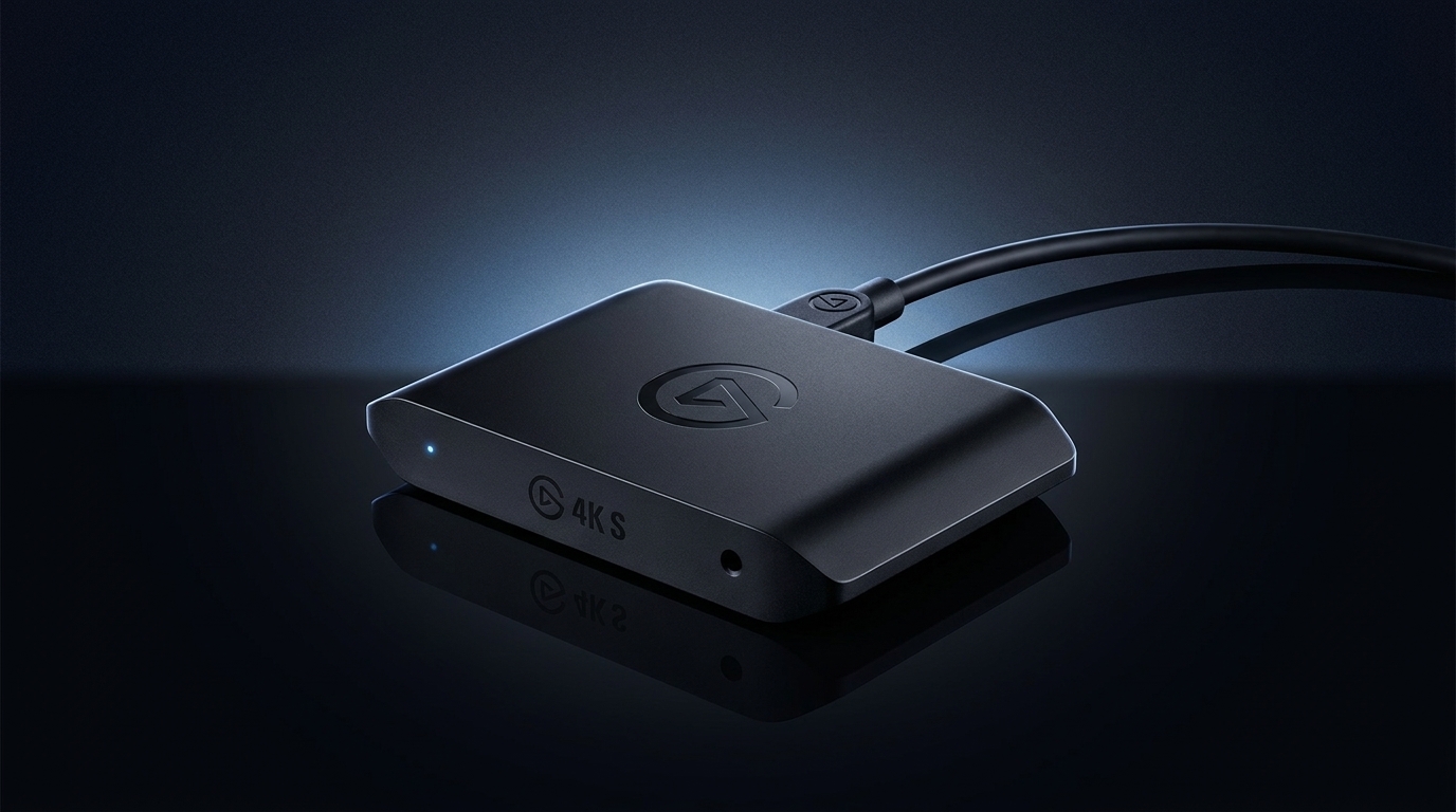 Placa de captura Elgato 4K S em ângulo de três quartos com cabo conectado na traseira, logo Elgato em relevo e LED aceso