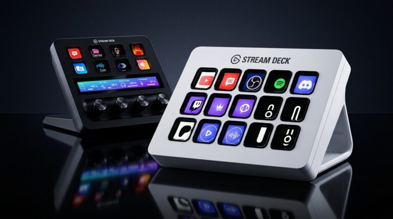 Stream Deck MK.2 White e Stream Deck + Stream Deck MK.2 branco com 15 teclas à frente e Stream Deck + com dials e faixa touch ao fundo, os dois primeiros do...