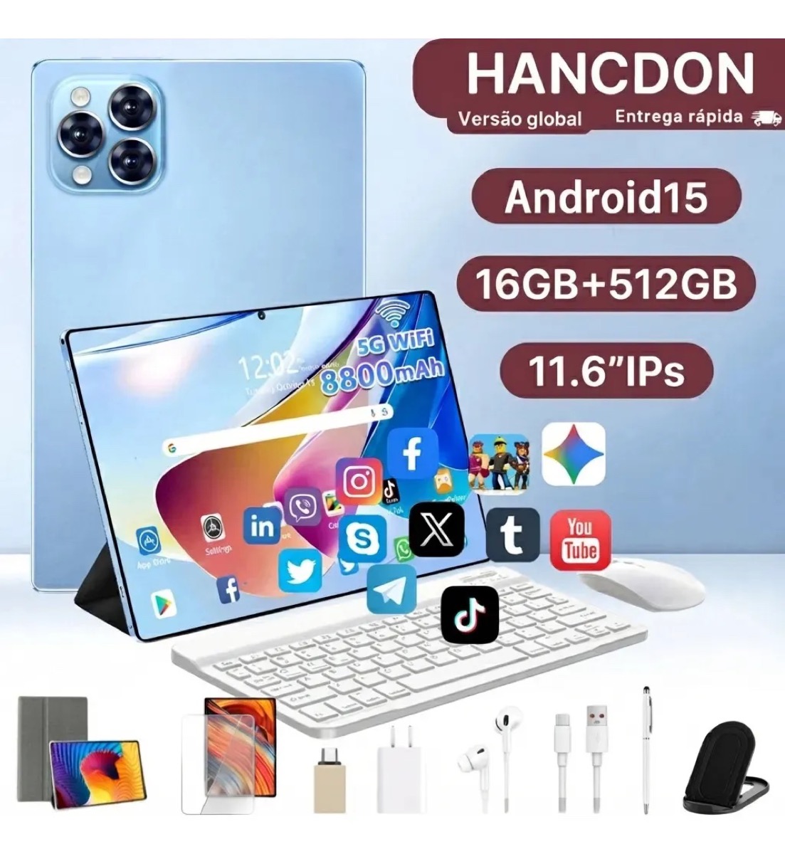 Tablet Hancdon 11,6″ 16GB RAM 512GB Câmera 48MP Bateria 8800 mAh Azul