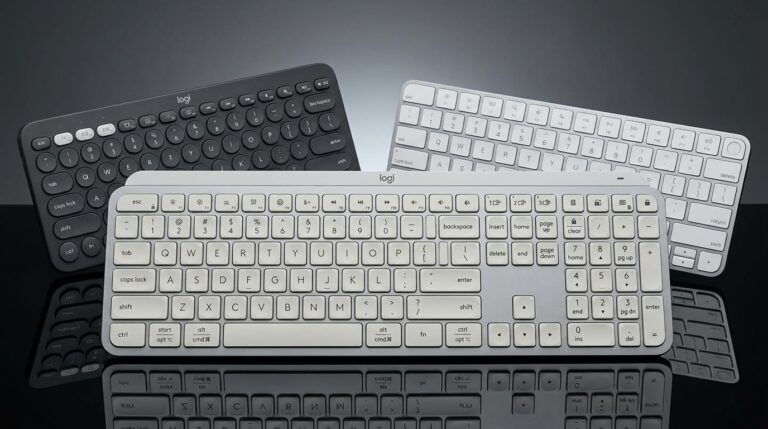 Teclado para Mac: Logitech MX Keys S cinza claro à frente, Pebble Keys 2 grafite e Apple Magic Keyboard com Touch ID ...