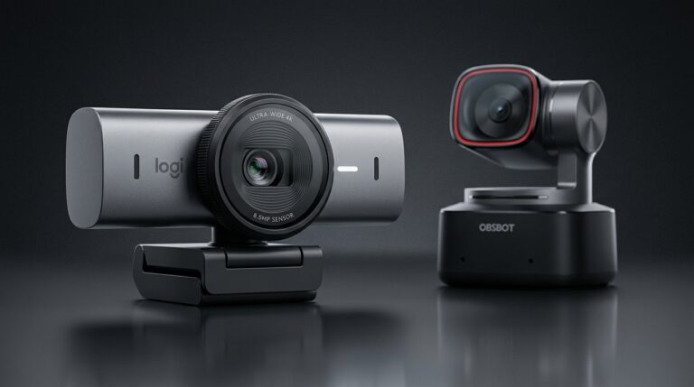 Webcam 4K: Logitech MX Brio e OBSBOT Tiny 2 Webcam 4K Logitech MX Brio em primeiro plano e OBSBOT Tiny 2 ao fundo, as duas primeiras do ranking de webcams 4K