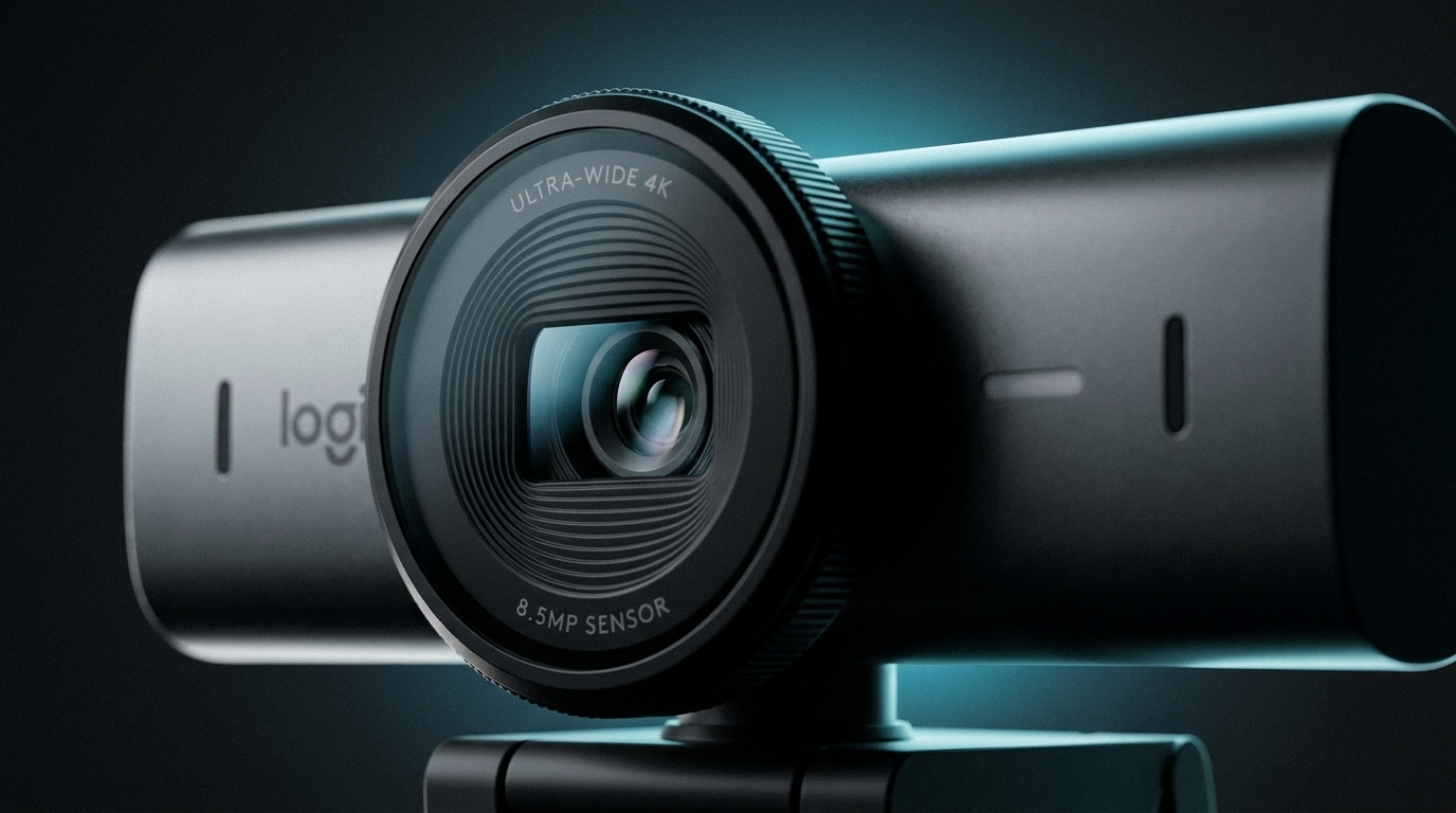 Close da lente da webcam 4K Logitech MX Brio com as inscrições Ultra-Wide 4K e sensor de 8,5 MP no anel