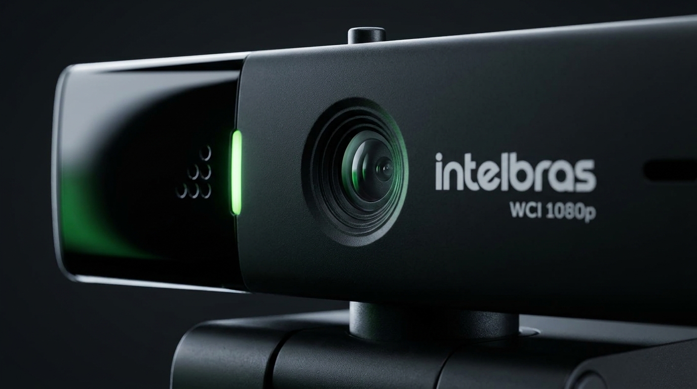 Close da webcam Intelbras WCI-1080P mostrando a lente, o LED verde, o furo do microfone e o logo intelbras WCI 1080p