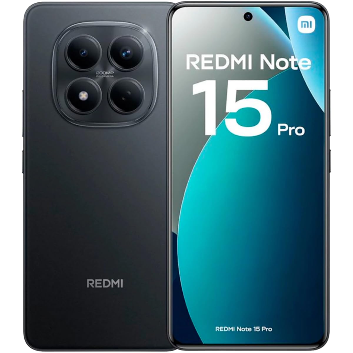 Smartphone Xiaomi Redmi Note 15 Pro 5G preto, com 8GB de RAM e 512GB, visto de frente e de costas com a câmera de 200MP